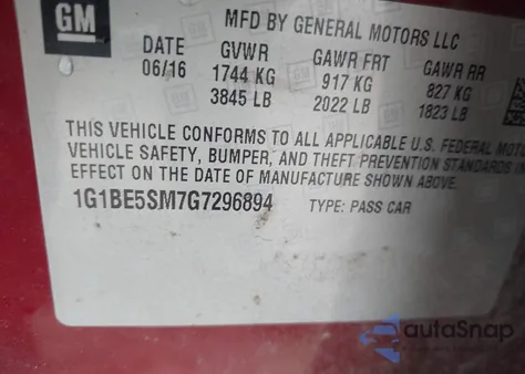 2016 Chevrolet Cruze Lt Auto z USA, uszkodzony, nr VIN 1G1BE5SM7G7296894